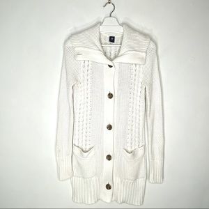 GAP Long White Cardigan Fisherman Cable Knit Cotton Blend Collared Cowl …
